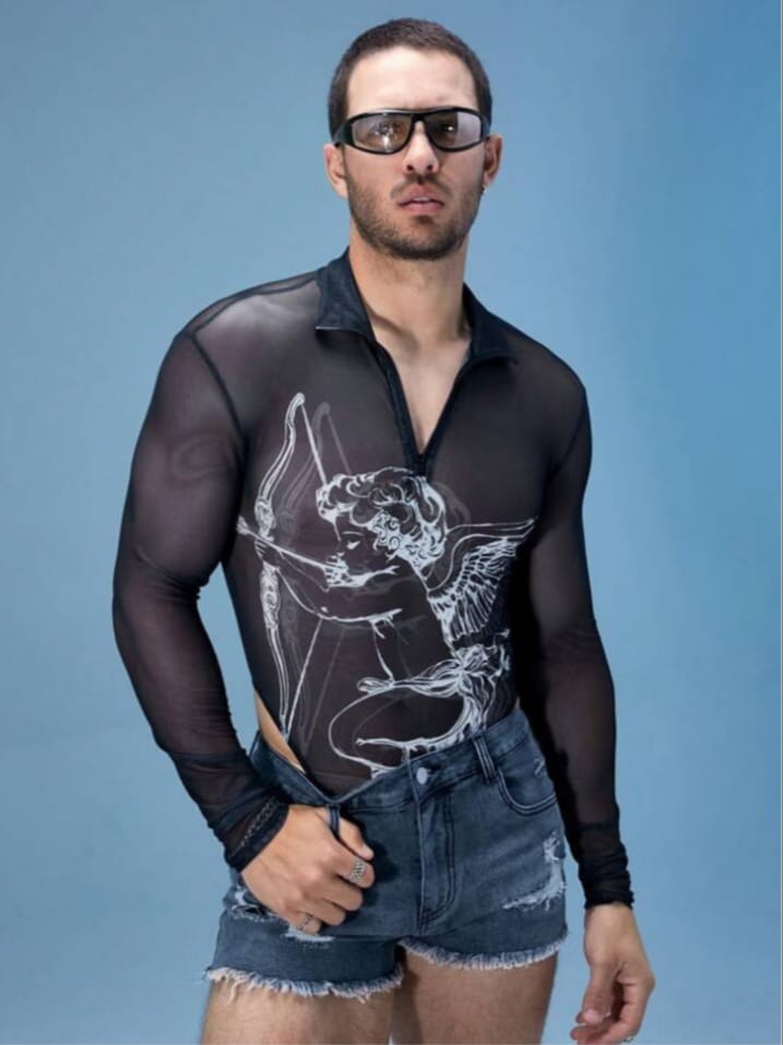 men's angal print sheer sexy long sleeve daily bodysuit